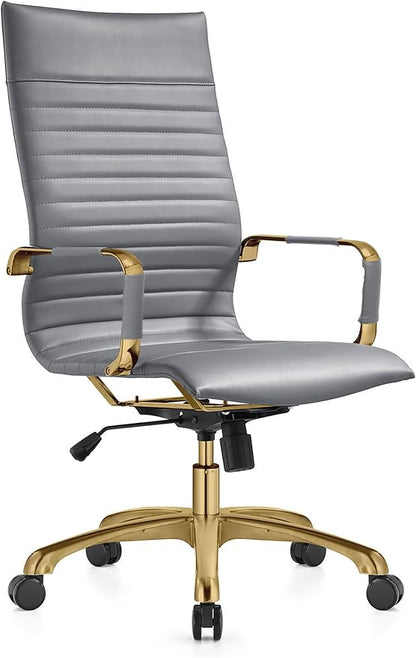 LeisureMod Harris High-Back Task Office Chair - Modern Leather Upholstery with Gold Frame, Ribbed Design 360 Degree Adjustable Swivel for Home, Office, and Study Room