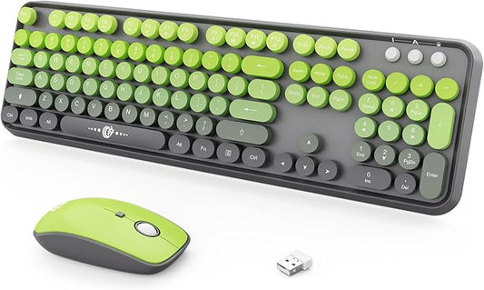 Wireless Keyboard and Mouse Combo, 104 Round Keys Cute Colorful Keyboard and Mouse with Retro Typewriter for PC Mac Laptop Tablet Computer Windows Gray Green