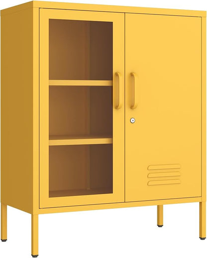 Yellow Food Storage Cabinet with Lock, 2-Door Steel Cabinet, 2 Adjustable Shelves, Metal Pantry Locker Freestanding Kitchen Storage Locker for Dining Room Living Room Size:33" H X 29.5" W X 13.8" D