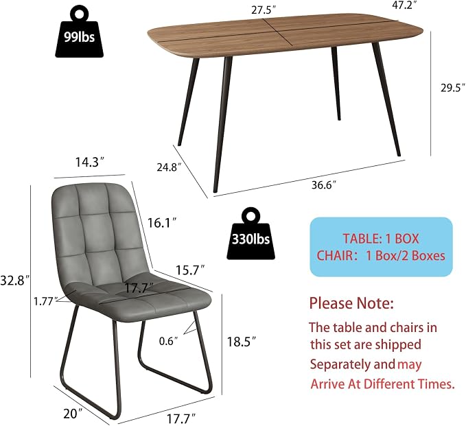 HIPIHOM 47.2'' Dining Table Set for 4,Modern Wood Dining Table,Leather Dining Chairs 4,Table and Chairs Set of 4,Ideal for Kitchen Dining Room (Walnut Color Table + 4 U-Shaped Gray Chairs, 47.2")
