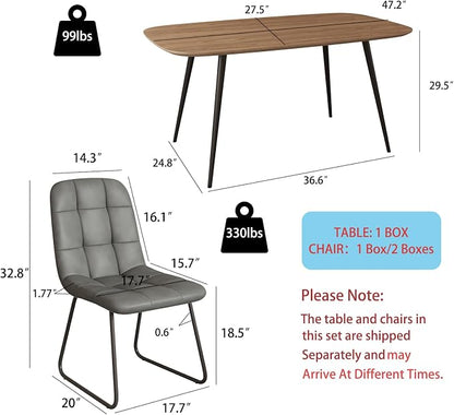 HIPIHOM 47.2'' Dining Table Set for 4,Modern Wood Dining Table,Leather Dining Chairs 4,Table and Chairs Set of 4,Ideal for Kitchen Dining Room (Walnut Color Table + 4 U-Shaped Gray Chairs, 47.2")