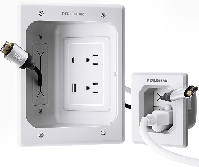 Perlegear in Wall Cable Management Kit, USB & Type C PortsTV Cord Hider & Cable Hider, Wire Hider with Recessed Power, Includes Drill Template, Dust Bag, Drywall Saw, Extension Cable