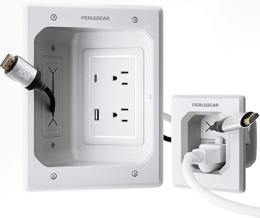 Perlegear in Wall Cable Management Kit, USB & Type C PortsTV Cord Hider & Cable Hider, Wire Hider with Recessed Power, Includes Drill Template, Dust Bag, Drywall Saw, Extension Cable