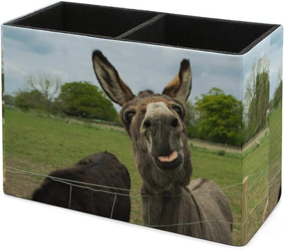 Niapessel Pencil Holder for Desk, Brown Furry Donkey Pen Holder Storage Desktop Pen Organizer Desk Pencil Organizer Makeup Brush Holder for Office School College Leather