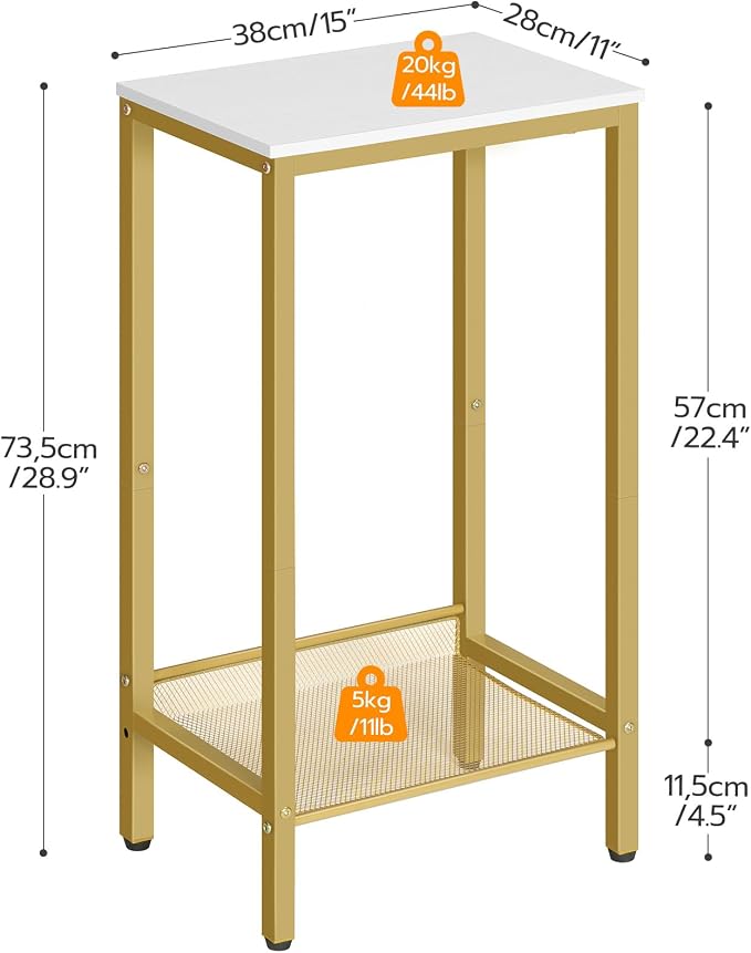 HOOBRO Tall Side Table, Industrial End Telephone Table with Adjustable Mesh Shelves, Small Tall Nightstand for Living Room, Bedroom, Entryway, Office, White and Gold DW03DH01