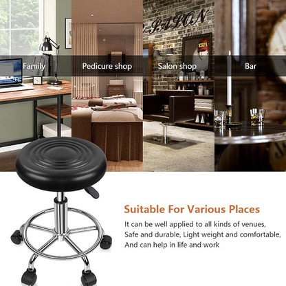 KKTONER PU Leather Modern Round Rolling Stool with Footrest Height Adjustable Spa Drafting Salon Tattoo Work Massage Stools Task Chair Small (Black)