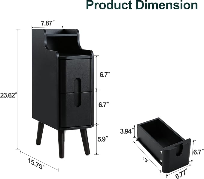 Black Narrow Nightstand, Wood 2 Drawer Small Nightstand, Slim Side Table, Modern Skinny End Bedside Table, Wood Night Stand with Drawers for Bedroom (Black-1 pc)