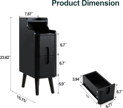 Black Narrow Nightstand, Wood 2 Drawer Small Nightstand, Slim Side Table, Modern Skinny End Bedside Table, Wood Night Stand with Drawers for Bedroom (Black-1 pc)