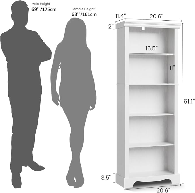 5-Tier Bookshelves and Bookcases, 61.1 inch Tall Bookshelf with Ample Storage Space, Wooden Bookcase, Modern Bookshelf for Study Room, Living Room, Home Office, Bedroom (White)