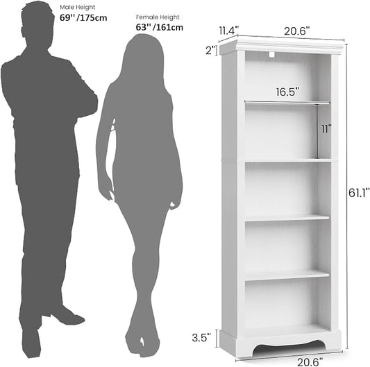 5-Tier Bookshelves and Bookcases, 61.1 inch Tall Bookshelf with Ample Storage Space, Wooden Bookcase, Modern Bookshelf for Study Room, Living Room, Home Office, Bedroom (White)
