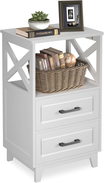 RoyalCraft 30" Tall Nightstand, Modern Painted Bedside Table with 2 Drawers and Open Shelf, Wood Side Table for Bedroom, Home Office, White-Open Shelf Above, Set of 1