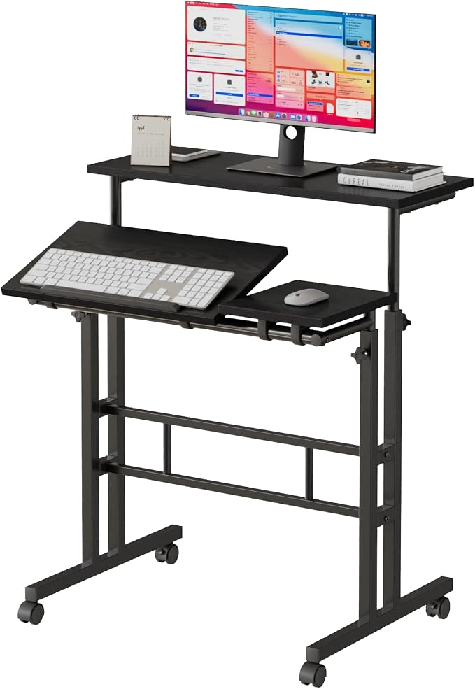 VECELO Mobile Small Standing Desk Adjustable Height, Computer Workstations with Tiltable Tabletop, Lockable Wheels, Portable Rolling Laptop Desk for Home Office, Black