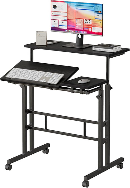 VECELO Mobile Small Standing Desk Adjustable Height, Computer Workstations with Tiltable Tabletop, Lockable Wheels, Portable Rolling Laptop Desk for Home Office, Black