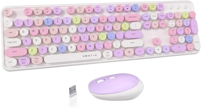 UBOTIE Colorful Wireless Keyboard and Mouse Combos, Retro Typewriter Floating Flexible Full-Sized Keys Computer Keyboard with Optical Mouse, 2.4GHz USB-A Connection for Windows Mac (White-Colorful)