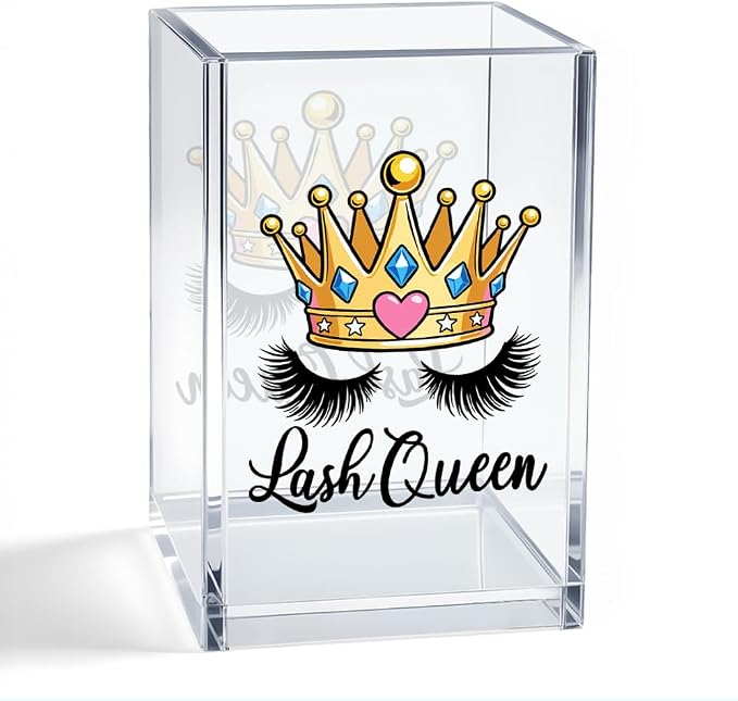 Lash Queen Acrylic Pen Holder, Funny Crown Eyelash Makeup Brush Holder Desk Pencil Cup Organizer, Lash Tech Office Decor Gifts for Women Esthetician Cosmetologist Makeup Artist Salon Owner