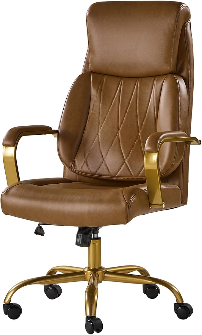HULALA HOME Executive Office Chair, Adjustable Airbag Lumbar Support, Modern Leather Ergonomic Office Chair with Padded Armrests, Tilting & Swivel, Camel and Gold