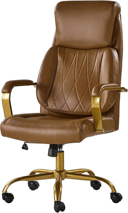HULALA HOME Executive Office Chair, Adjustable Airbag Lumbar Support, Modern Leather Ergonomic Office Chair with Padded Armrests, Tilting & Swivel, Camel and Gold