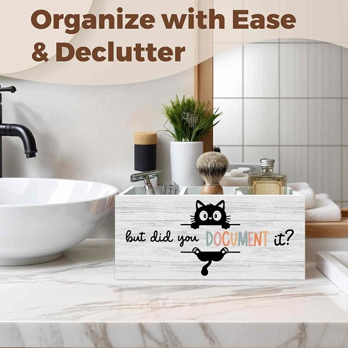 Funny Black Cat Pencil Pen Holder for Desk Organizer, Black Cat Gifts, HR Human Resource Gifts, But Did You Document It Wooden Box Decorations for Office Workplace Desk Tabletop Decor