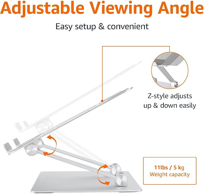 Amazon Basics Sturdy and Portable Ergonomic Laptop Stand for Desk,Height Adjustable Riser with Ventilated Cooling,Foldable,Fits All Laptops up to 17.3 Inch,Silver,10 x 8.7 x 6 in,(Pack of 12)