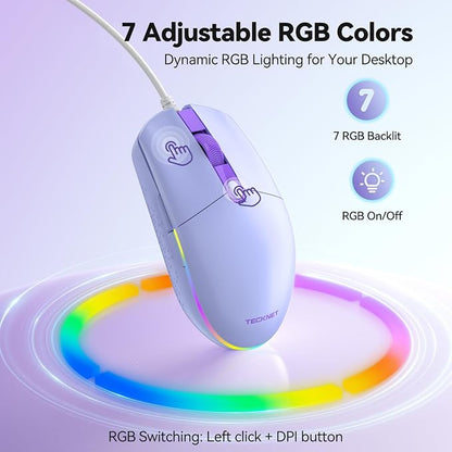 TECKNET Wired Mouse - USB Corded Mouse with RGB Backlit Full Size Optical Silent Mouse with Side Buttons,LED Plug and Play Wired Connection Office Mice for Desktop,PC,Laptop