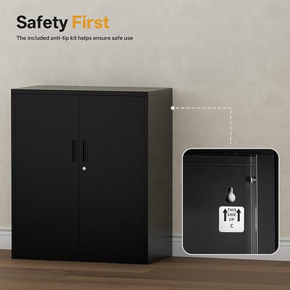 Metal Storage Cabinets, Locking Cabinet with 2 Doors and Shelves, 36" H Metal Garage Cabinet for Office, Home, Garage, Warehouse (Black)