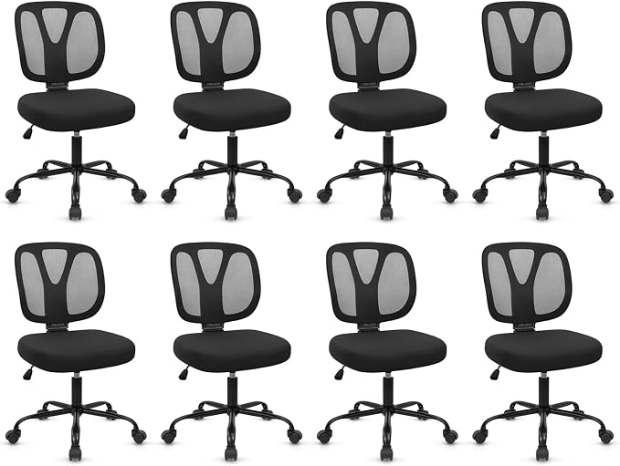 CLATINA Armless Home Office Chair, Adjustable Height Backrest Ergonomic Mesh Desk Chair with Wheels, 360° Swivel Small Computer Task Chair for Home Office, Study, Meeting Room, Black(8 Pack)