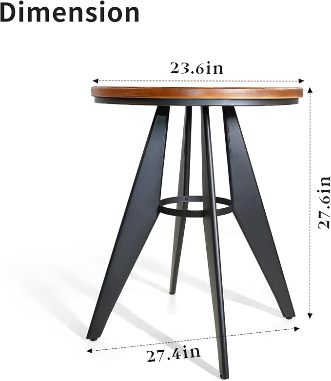 Round Cafe Table - 23.62" Pine Wood Top, Metal Frame, 28.15" High, Modern Industrial Dining Table for Kitchen, Home Office, Bistro, Compact for Space Saving, Black Base Brown Top