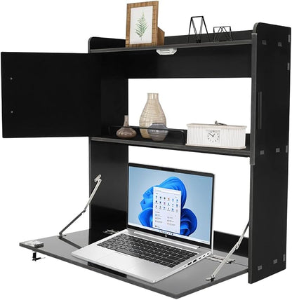 Wall Mounted Desk Cabinet with Storage, Fold Down Computer Desk, Space Saving Floating Workstation for Home Office, Laptop Writing Table (Black)