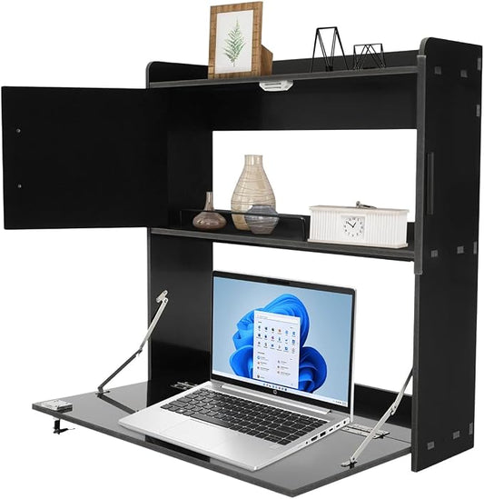 Wall Mounted Desk Cabinet with Storage, Fold Down Computer Desk, Space Saving Floating Workstation for Home Office, Laptop Writing Table (Black)