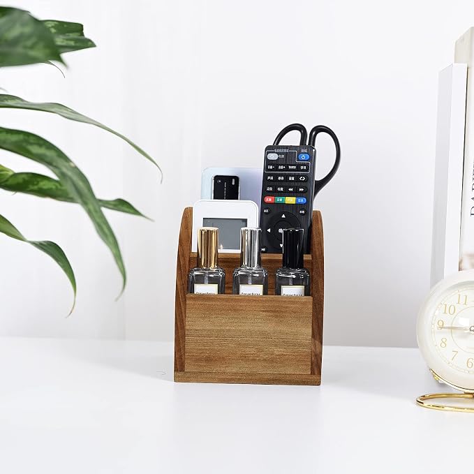 OKSQW Rustic Vintage Wooden Desk Organizer Farmhouse Wood Remote Control Caddy, 3 Slot Tabletop Desktop Office Supply Storage Rack Desktop TV Remote Control Holder Home Decor Office Supplies Storage