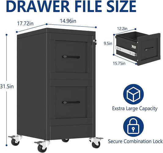 Ckzbx 2 Drawer File Cabinet with Lock, Narrow Vertical Filing Cabinet, Under Desk File Cabinets,Black Metal File Cabinets for Home Office,Fit Letter/A4/Legal Size File (Wheel)