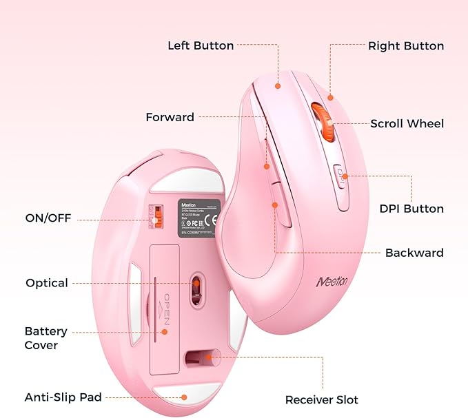 MEETION Wireless Keyboard and Mouse, Full-Sized Cordless Keyboard with Wrist Rest, 3 DPI Adjustable Mouse, Keyboard and Mouse Set with 2.4GHz USB Receiver, for PC/Computer/Laptop/Windows/Mac, Pink