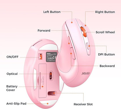 MEETION Wireless Keyboard and Mouse, Full-Sized Cordless Keyboard with Wrist Rest, 3 DPI Adjustable Mouse, Keyboard and Mouse Set with 2.4GHz USB Receiver, for PC/Computer/Laptop/Windows/Mac, Pink
