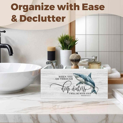 Christian Shark Pencil Pen Holder for Desk Organizer, Christian Gifts for Women Men, Coastal Beach Shark Bible Verse Wooden Box Decorations for Home Office Bedroom Desk Tabletop Decor