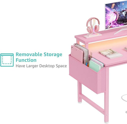 Lufeiya Girls Desk with Power Outlets and LED Lights, 40 Inch Gaming Desk Table with Charging Station, Home Office Computer Desks with Monitor, Pink