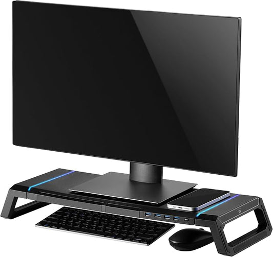 Ewent RGB Monitor Stand, Adjustable Screen Stand, Foldable with Storage Drawer, Smartphone and Tablet Holder + 4 USB 3.2Gen1 Ports, Monitor Riser for PC/Laptop/iMac, Black