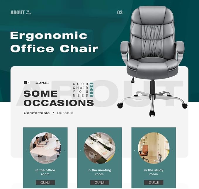 GUNJI Office Chair PU Leather High Back Executive Chair Ergonomic Computer Chair, Modern Adjustable Home Desk Chair Swivel Managerial Chair with Padded Armrests and Lumbar Support (Gray)