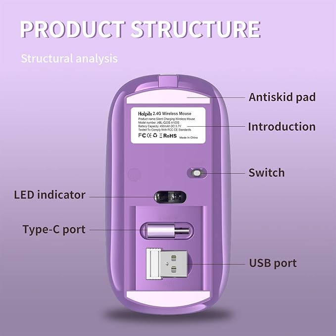 Halpilt Wireless Mouse Chargeable Portable Silent USB and Type-C Dual Mode Wireless Mouse 3 Adjustable DPI for Laptop, Mac, Android, PC (Q23S Purple)