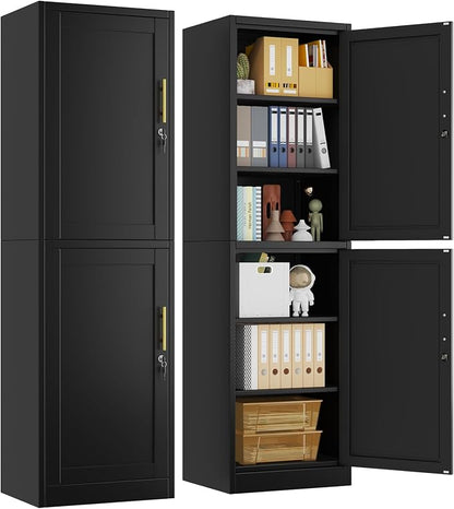 pozdeg 67" Metal Storage Cabinet with Lock, Tall Narrow Office File Cabinets with 2 Doors & 4 Adjustable Shelves, Metal Steel Locker for Home, School, Office, Garage or Gym (Black)