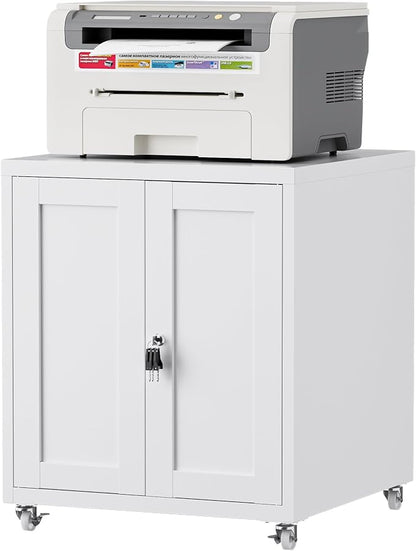 Large Printer Stand with Storage and Lock, 3D Heavy-Duty Printer Cabinet, Printer Table for Home Office with Doors and Adjustable Shelves, for Office Copier and Fax Machine, White
