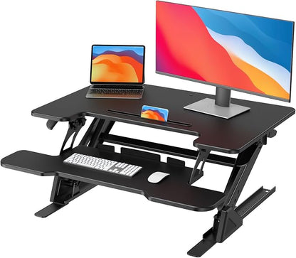HUANUO 32" Z Shaped Standing Desk Converter with Wide Keyboard Tray, Black | Instant Sit-Stand Convert,Fits Dual Monitors,Dual Gas Spring Lifter,Wobble-Free Z-Steel,Quick Keyboard Install