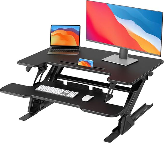 HUANUO 32" Z Shaped Standing Desk Converter with Wide Keyboard Tray, Black | Instant Sit-Stand Convert,Fits Dual Monitors,Dual Gas Spring Lifter,Wobble-Free Z-Steel,Quick Keyboard Install