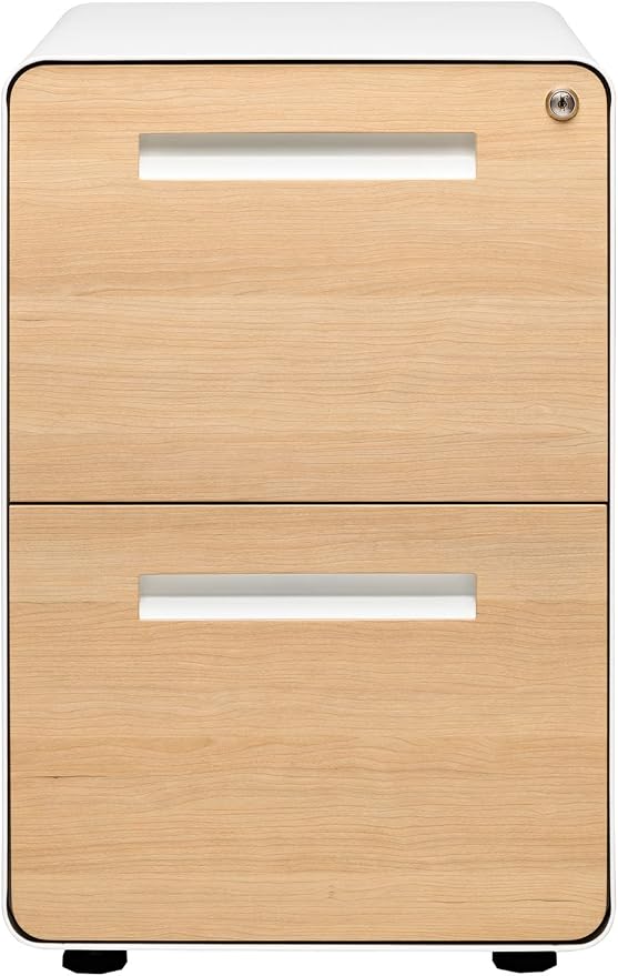 Laura Davidson Furniture Stockpile 2 Drawer Mobile File Cabinet with Lock - Under Desk Metal Filing Cabinet, Legal/Letter File Folders, Wheels and Stationary Feet, Pre-Assembled, White/Wood