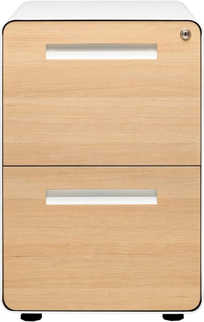 Laura Davidson Furniture Stockpile 2 Drawer Mobile File Cabinet with Lock - Under Desk Metal Filing Cabinet, Legal/Letter File Folders, Wheels and Stationary Feet, Pre-Assembled, White/Wood