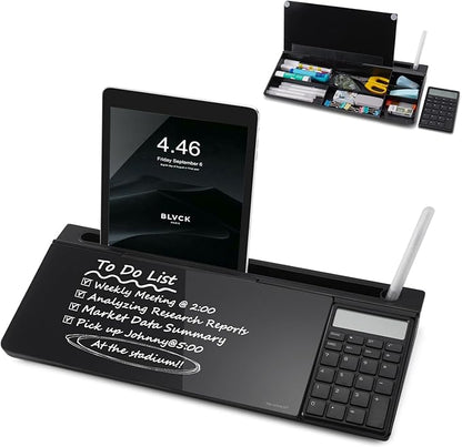 Small Glass Desktop Whiteboard Dry-Erase-Board - Computer Keyboard Stand with Calculator White Board Surface Pad with Drawer, Desk Organizers with Accessories for Office, Home, School Supplies - Black