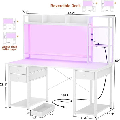 Aheaplus Desk with LED and Outlets, Gaming Desk with Hutch, 47.2'' Computer Desk with Drawers, Reversible Office Desk with Storage Bookshelf Large Workstation Desk with Shelf, Desk for Home, White