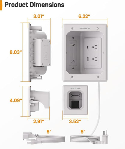 Perlegear in Wall Cable Management Kit, USB & Type C PortsTV Cord Hider & Cable Hider, Wire Hider with Recessed Power, Includes Drill Template, Dust Bag, Drywall Saw, Extension Cable