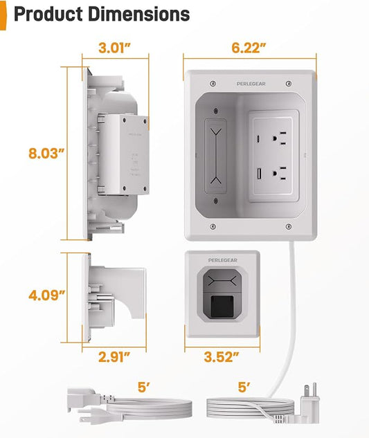 Perlegear in Wall Cable Management Kit, USB & Type C PortsTV Cord Hider & Cable Hider, Wire Hider with Recessed Power, Includes Drill Template, Dust Bag, Drywall Saw, Extension Cable
