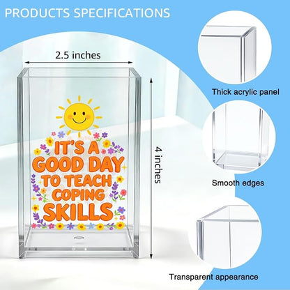 It's A Good Day To Teach Coping Skills Acrylic Pen Holder, Smiley Sun Floral Desk Pencil Cup Organizer, Mental Health Gifts for Women School Counselor Teacher Social Worker Behavior Therapist