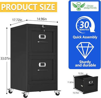 GAIOUS 2 Drawer Mobile File Cabinet with Wheels, Locked Under Desk Cabinet | Metal Filing Cabints with Lock, Black Rolling File Cabinet for Home Office, Fits Letter/Legal/A4 Size